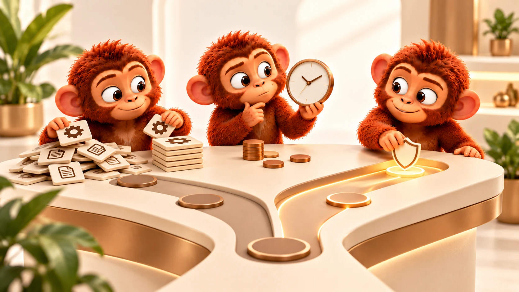 Three monkeys compare tasks, assess time and costs, then select a controlled first automation path.